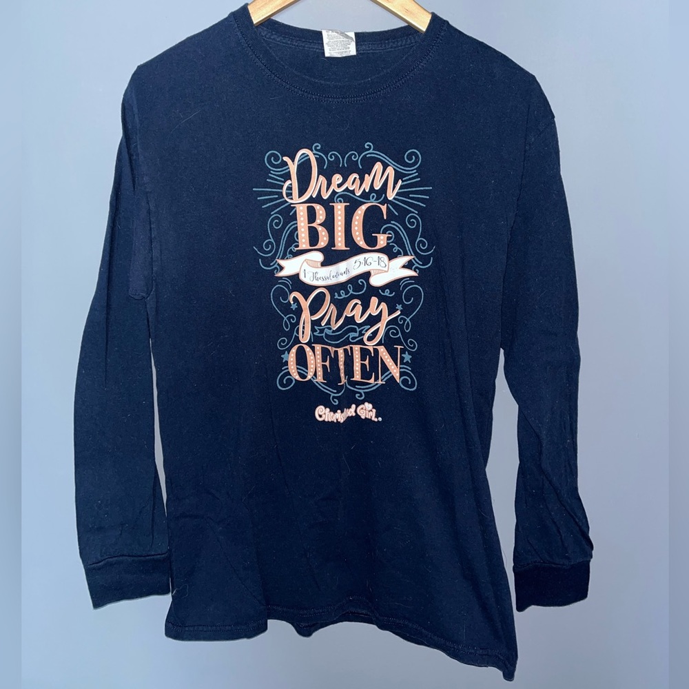 Cherished Girl Dream Big Pray Often‎ Navy Blue Long Sleeve Graphic Tee Shirt M